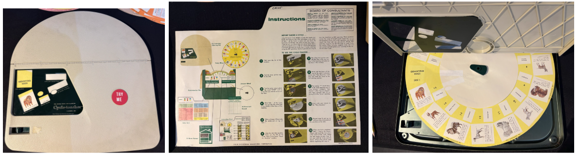 These 3 frames show the Cyclo-Teacher learning machine. Frame 1 is the closed device with a 